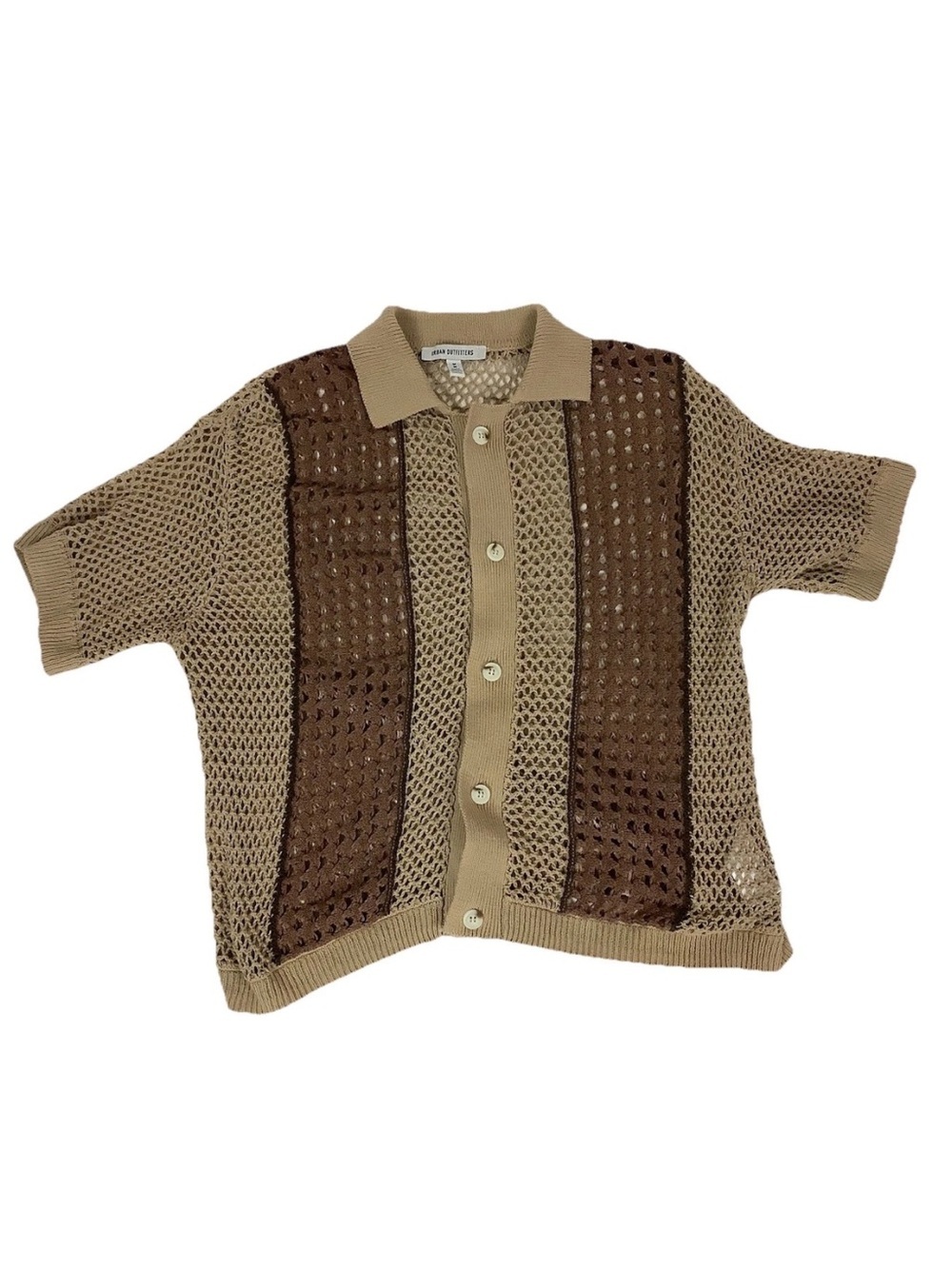Urban Outfitters Mens Sz M Crochet Short Sleeve Button Summer Brown Shirt